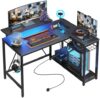 Bestier Small Gaming Desk with Power Outlets,42 L Shaped LED Computer Desk with Stand Reversible She…