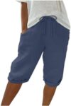 Bermuda Shorts for Women Knee Length Linen Shorts Drawstring Elastic Waist Summer Casual Capri Pants…