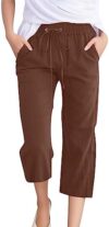 Cotton Linen Capri Pants for Women 2024 Summer Casual Elastic Waisted Straight Leg Drawstring Trouse…