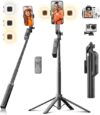 Selfie Stick Phone Tripod – 71 inch Tall Cell Phone Holder with Detachable Wireless Remote and 2 LED…