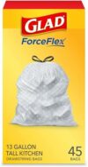 Glad ForceFlex Tall Kitchen Drawstring Trash Bags, 13 Gallon, 45 Count (Package May Vary)