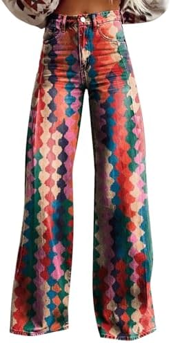 Womens Wide Leg Jeans Flower Print Jeans Boho Floral Baggy Wide Leg High Waisted Pants for Women