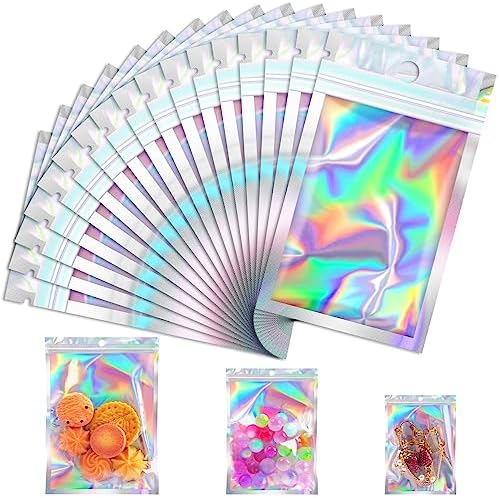 100 Pcs Mylar Bags, Smell Proof Bags with Clear Window, Holographic Bags for Snack, Cookie, Jewelry,…