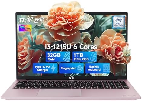 NIMO 17.3 FHD-Laptop, Intel 6-Cores i3-1215U 32GB RAM 1TB SSD (Beat i5-1135G7, Up to 4.4GHz) 65W Typ…