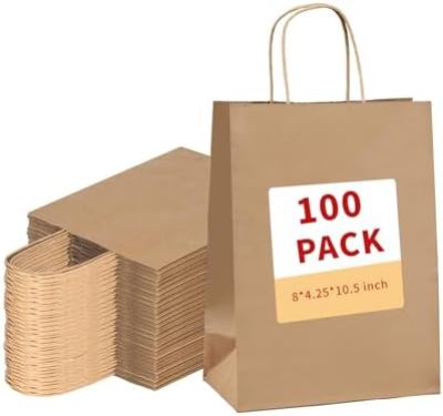 vanhel 100 Pack Brown Kraft Paper Bags with Handles Bulk,8x4.25x10.5