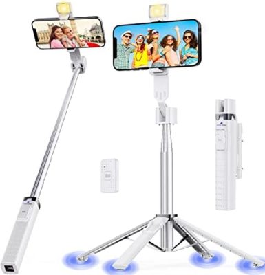 Ambertronix 40” Selfie Stick Tripod Quadrapod, Onboard Light, Wireless Bluetooth