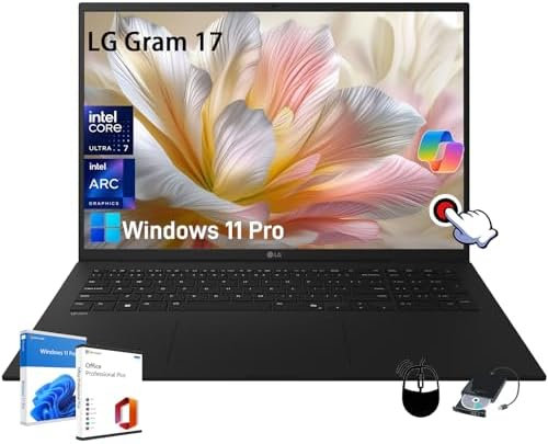 LG 2025 Gram 17 Touchscreen Laptop – w/Office Lifetime, 17″ WQXGA Touch Display, Intel Ultra 7 Serie…