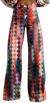 Womens Wide Leg Jeans Flower Print Jeans Boho Floral Baggy