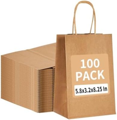 100 Pack 5.8x3.2x8.25 Inch Brown Kraft Paper Gift Bags with
