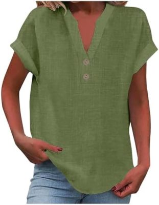 Linen Shirts for Women 2024 Summer Casual V Neck Button
