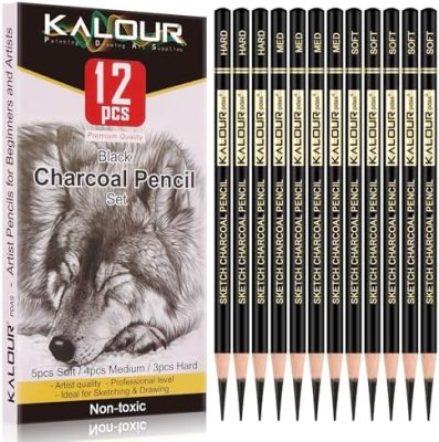 KALOUR Professional Charcoal Pencils Drawing Set -12 Pieces Soft, Medium