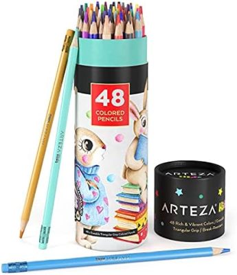 ARTEZA 48 Colored Pencils for Kids, Pre-Sharpened, Triangle Pencils for