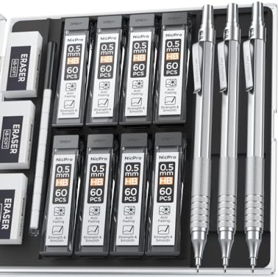 0.5 mm Mechanical Pencils Set with Case, 3 MP1000 Metal