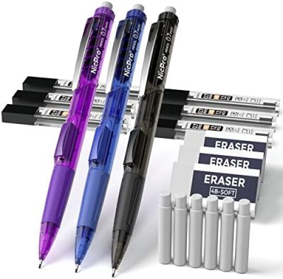 Nicpro 0.7 mm Art Mechanical Pencil Set, 3 Colors Rotate-Erase