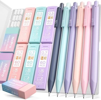 Nicpro 6PCS Pastel Mechanical Pencil Set, 0.5 & 0.7 mm